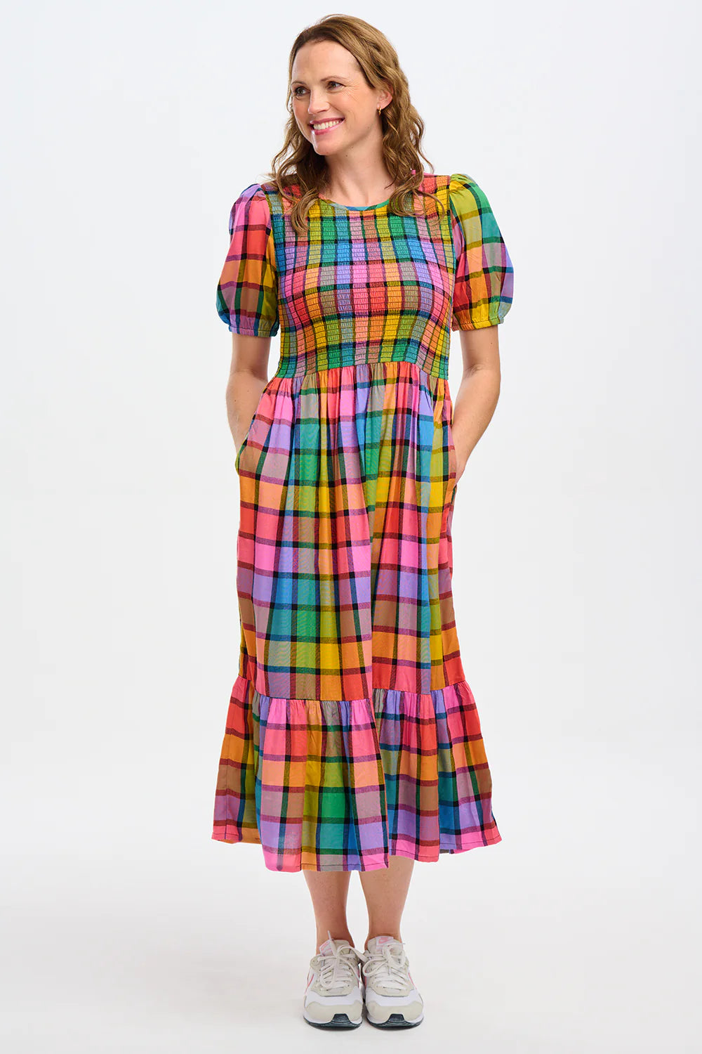 Sugarhill Brighton - Yolanda Midi Shirred Rainbow Check Dress