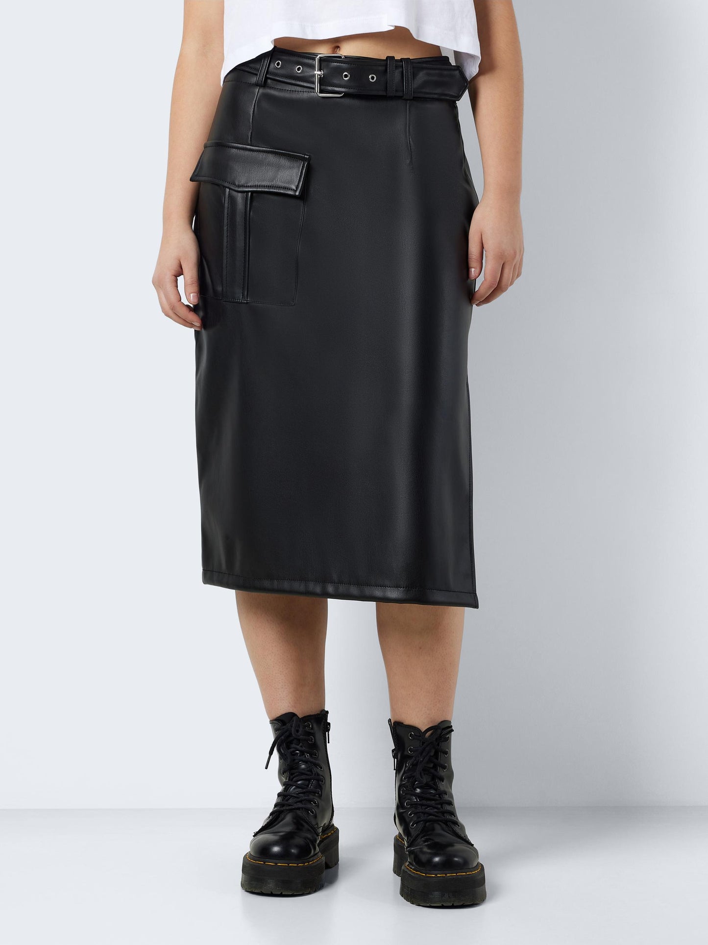 Noisy May - Black Leather Cargo Midi Skirt