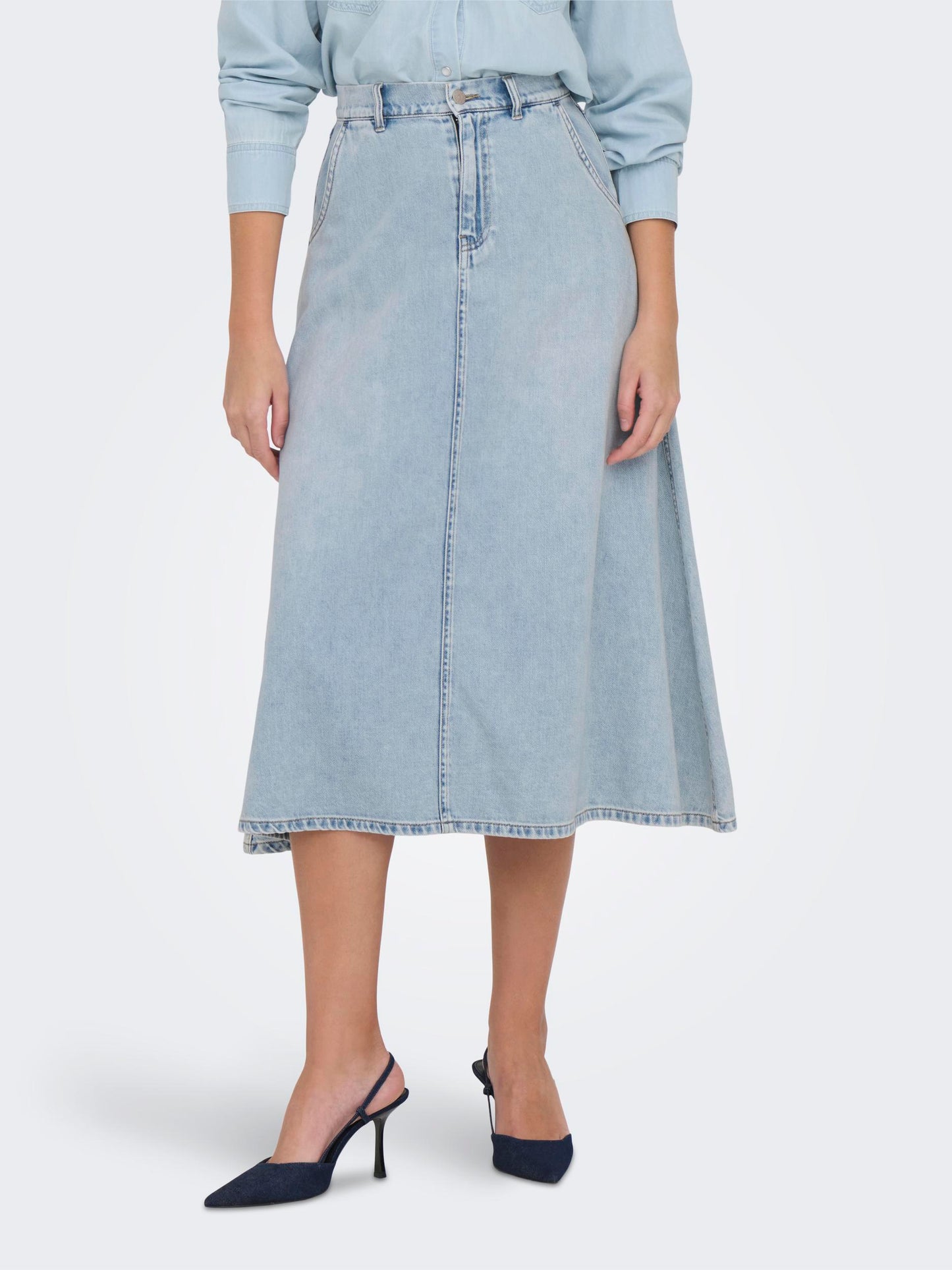 Only - High Waisted Flared Blue Denim Midi Skirt