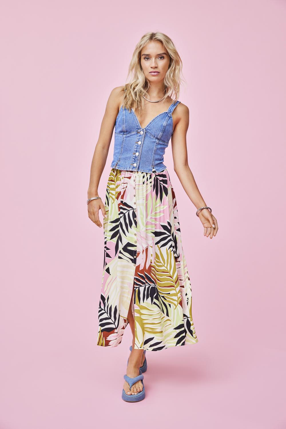 Only - Pink & Green Palm Leaf Midi Skirt