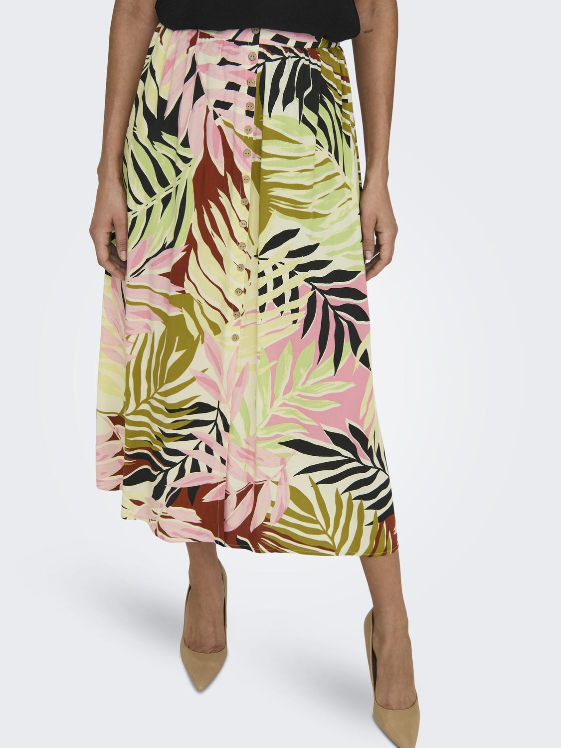 Only - Pink & Green Palm Leaf Midi Skirt