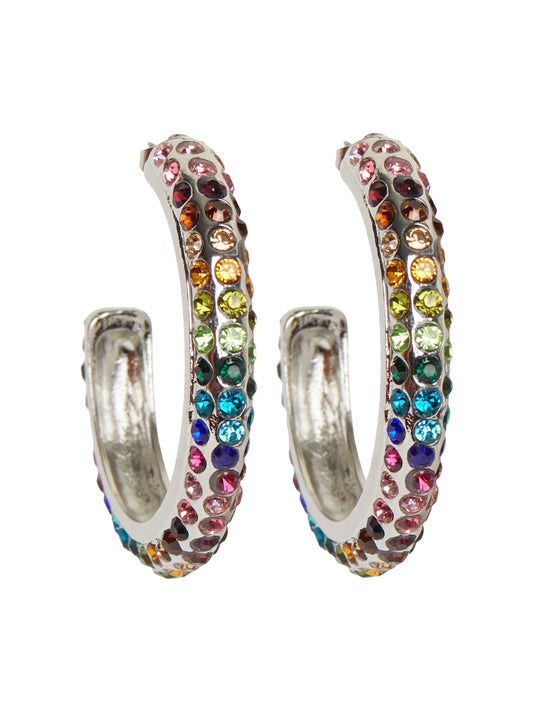 Pieces - Rainbow Rhinestone Silver Hoop Earrings