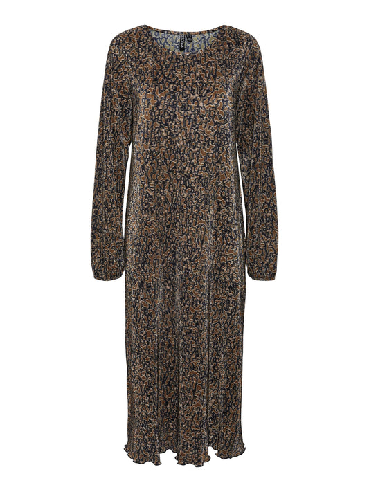 Pieces - Plisse Abstract Animal Print Long-Sleeve Midi Dress