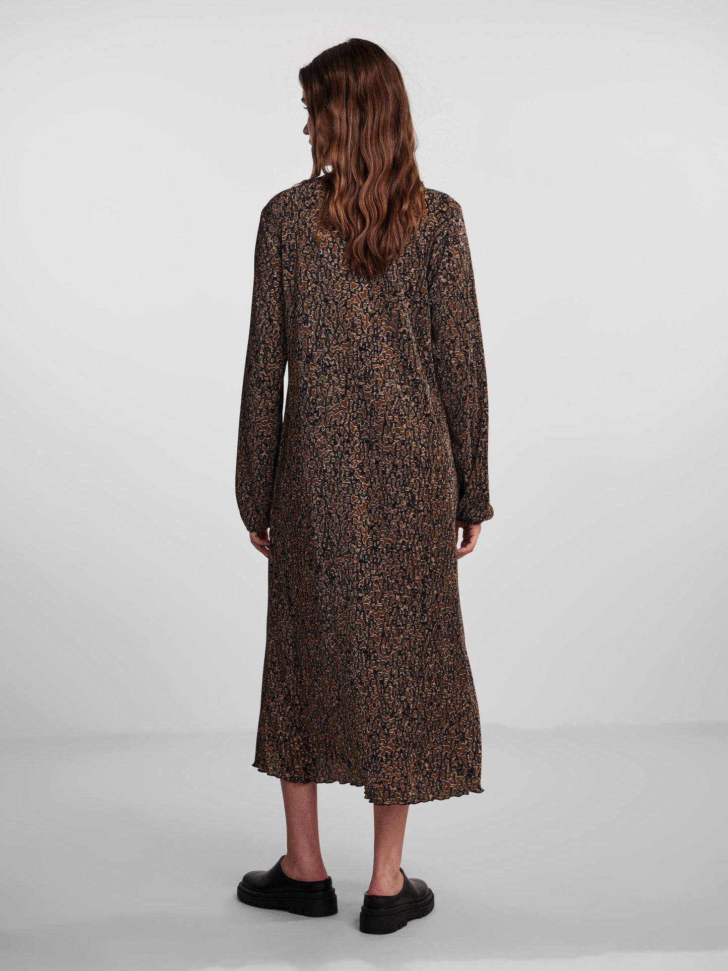 Pieces - Plisse Abstract Animal Print Long-Sleeve Midi Dress