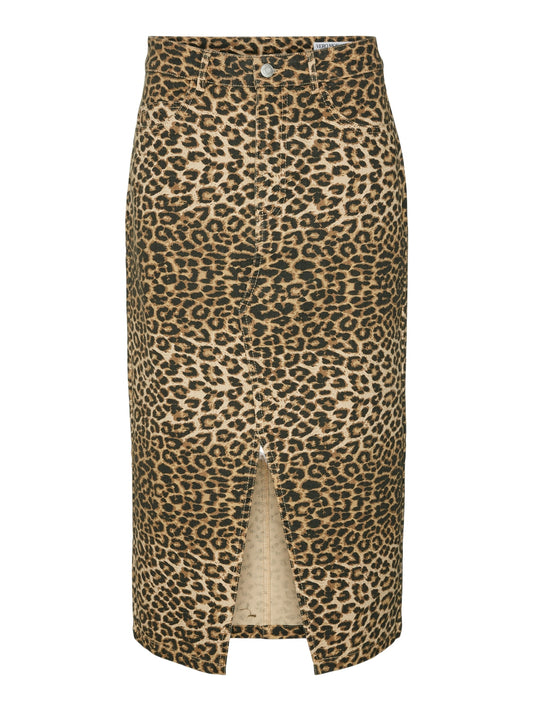 Vero Moda - Leopard Print Denim Skirt with Front Slit