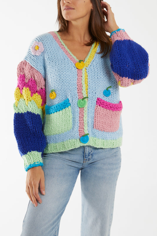 The Edit - Hand Knit Chunky Cardigan with Flower Applique