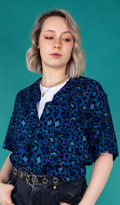Run & Fly - Atlantic Blue Leopard Print Short Sleeve Rayon Shirt