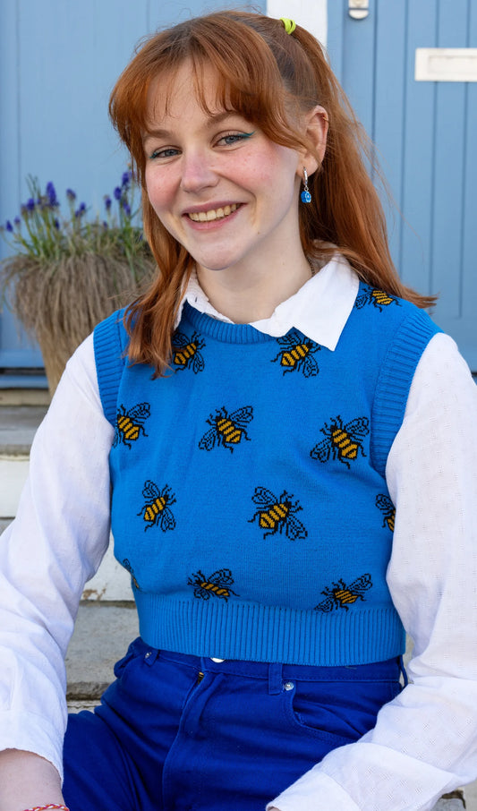 Run & Fly - Blue Cropped Bee Sweater Vest