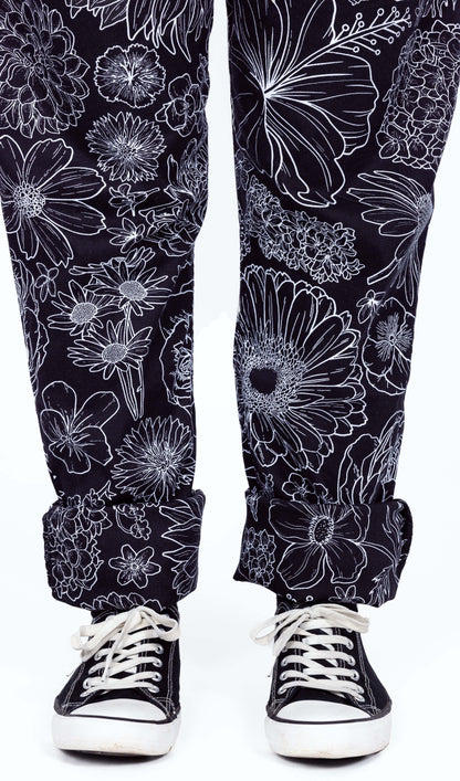 Run & Fly - Black and White Floral Stretch Twill Dungarees