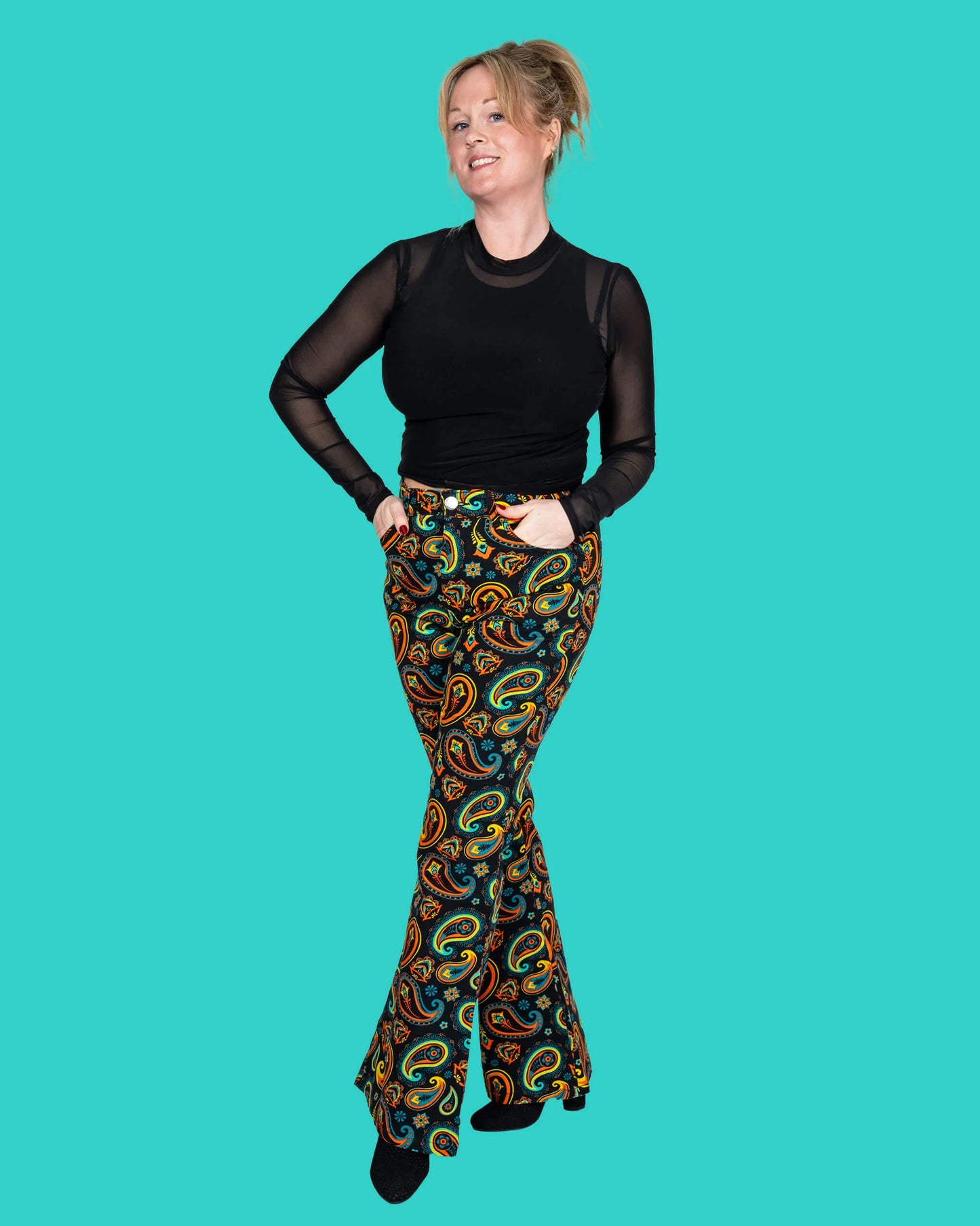 Run & Fly - Black Paisley High Waisted Bell Bottom Flares