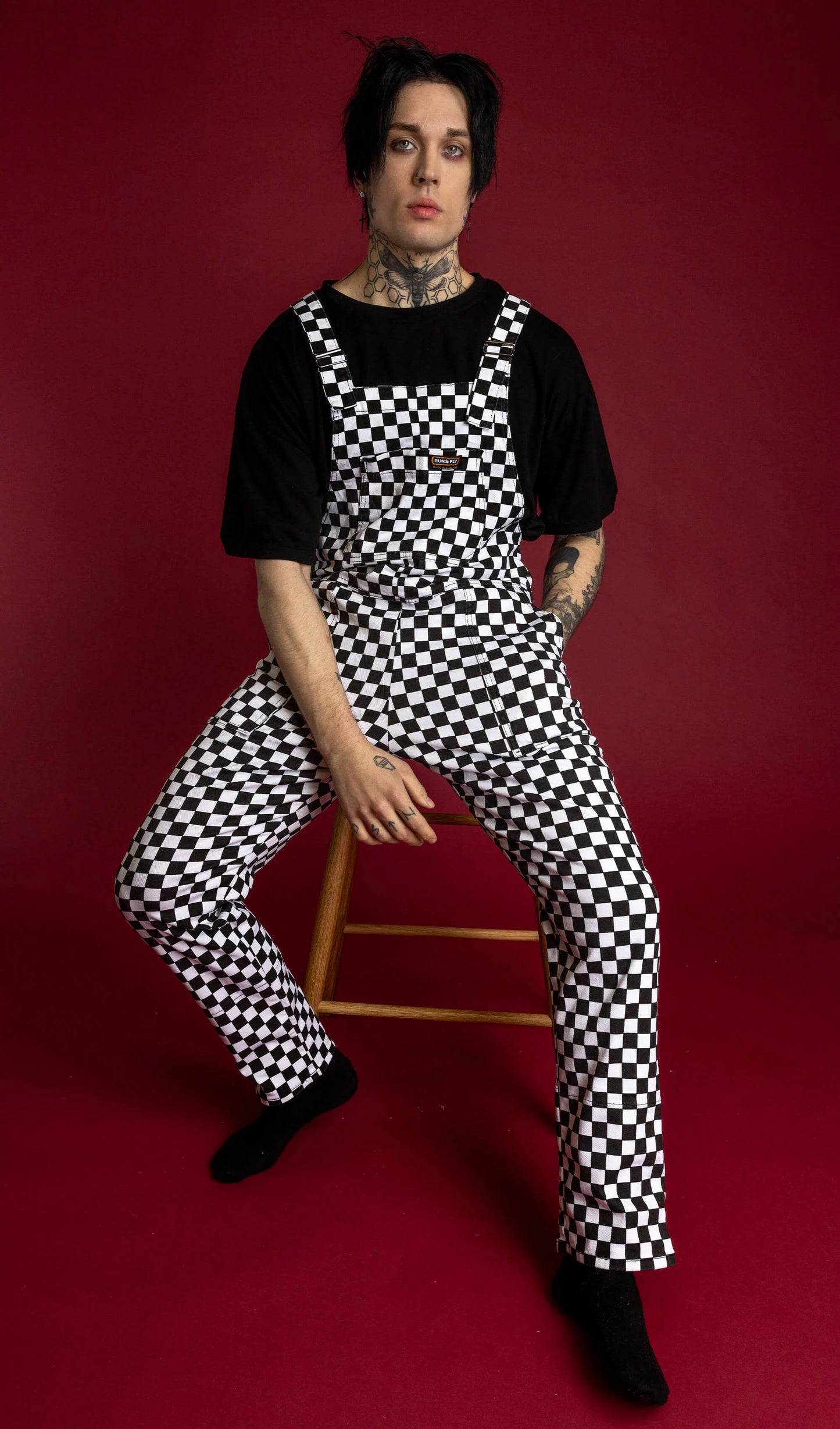 Run & Fly - Black & White Checkerboard Stretch Twill Dungarees