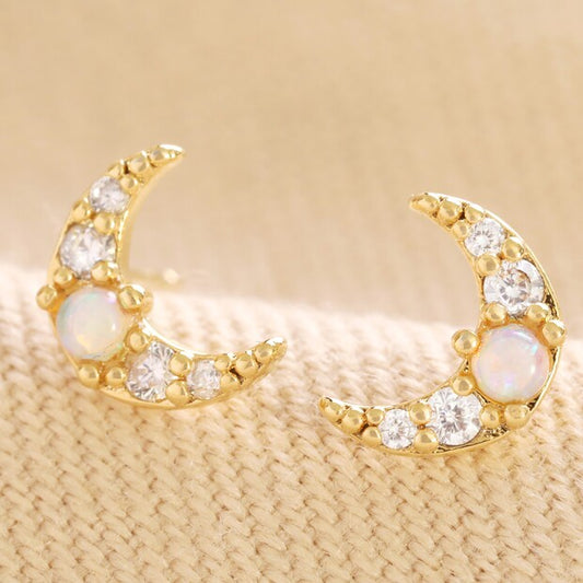 Lisa Angel -  Crystal Opal Moon Stud Earrings in Gold