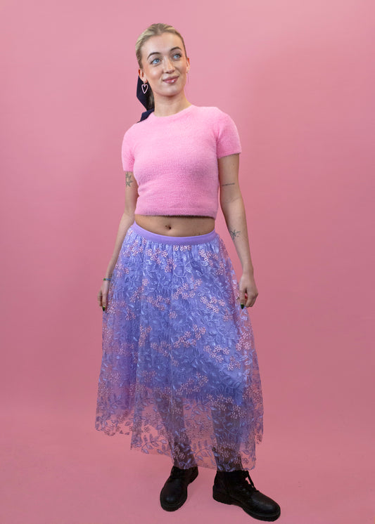 The Edit - Lilac Tulle Skirt with Embroidered Pink Flowers
