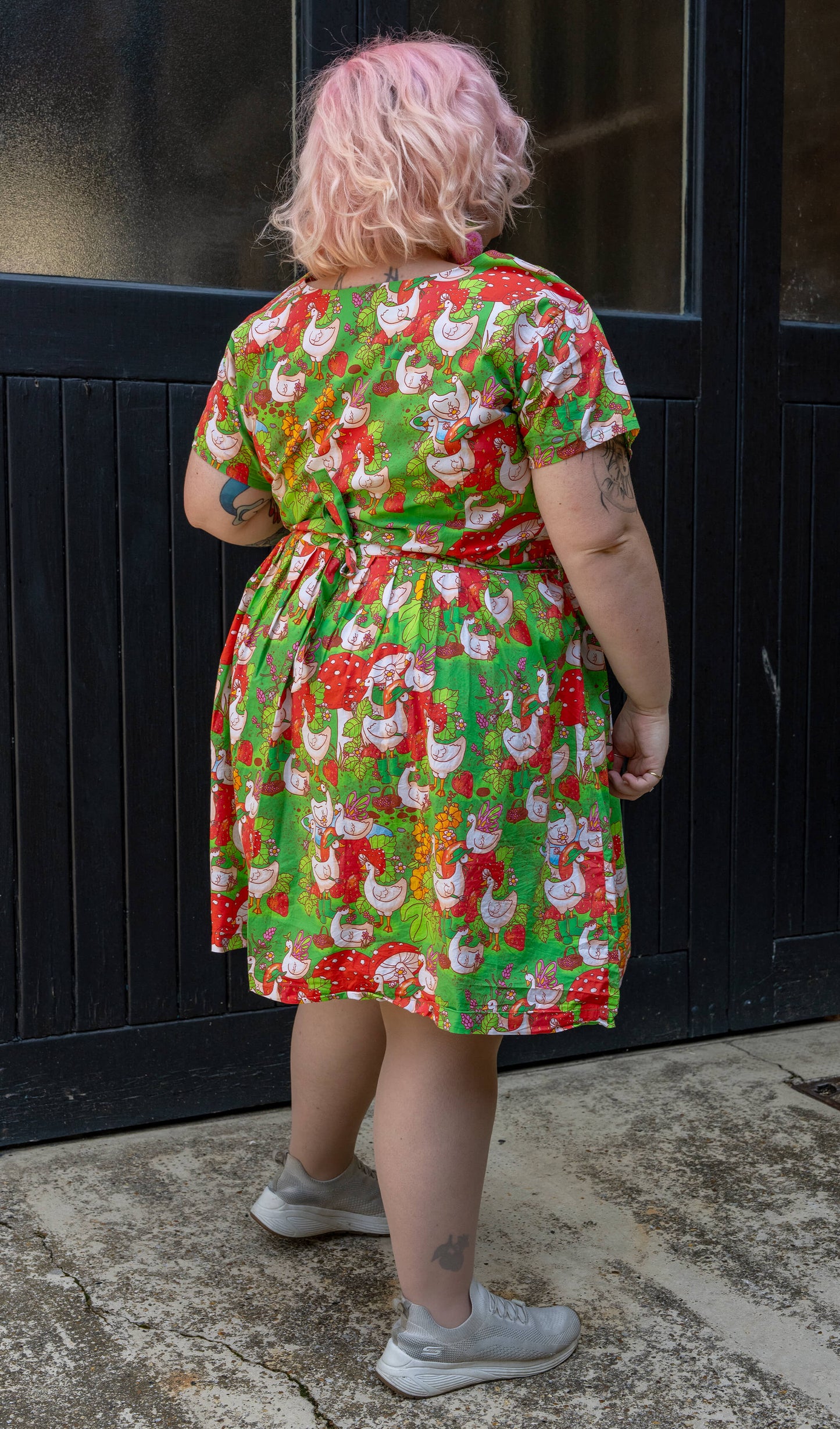 Run & Fly x The Mushroom Babes In The Geese Garden Stretch Belted Tea Dress with Pockets
