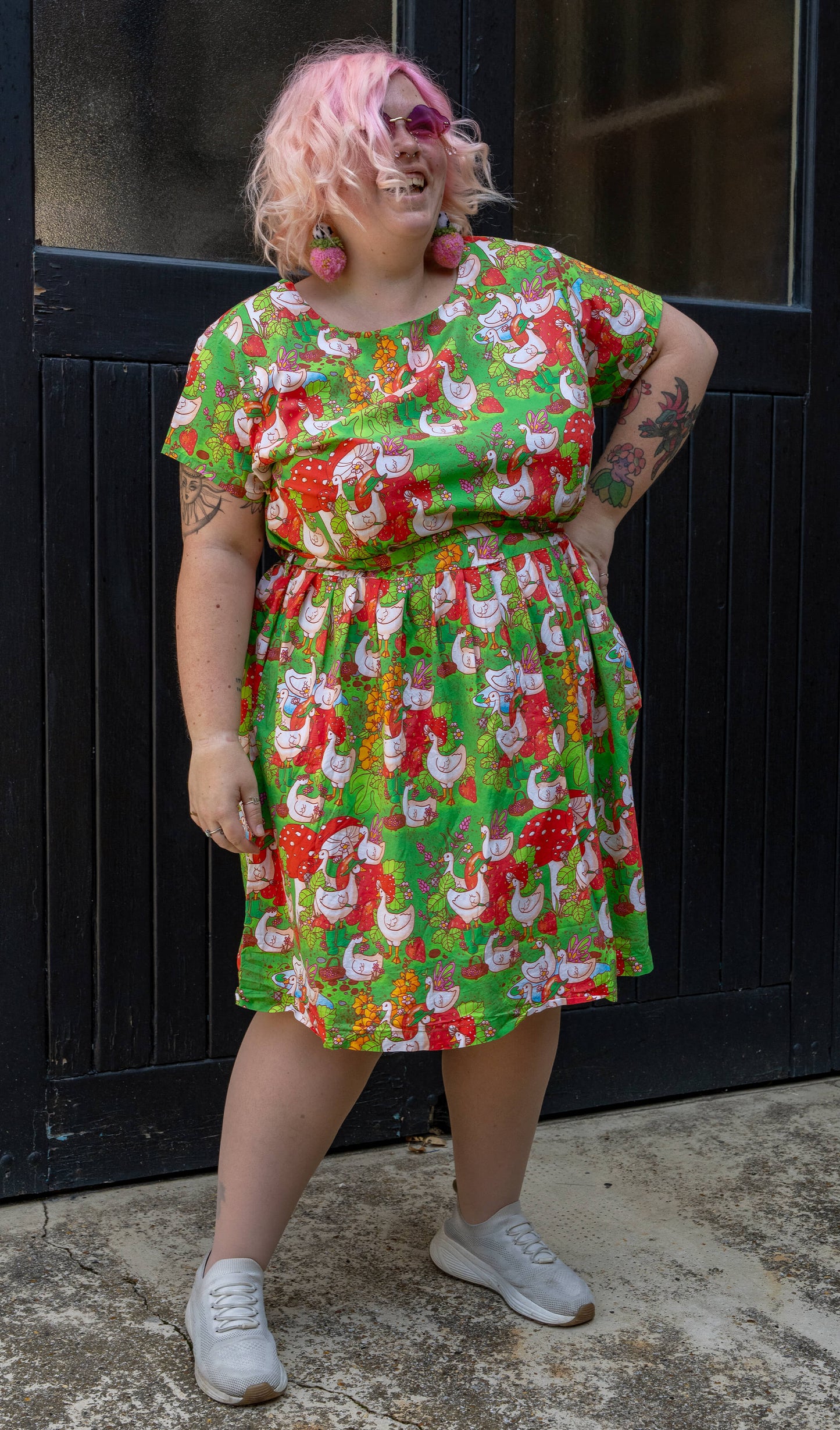 Run & Fly x The Mushroom Babes In The Geese Garden Stretch Belted Tea Dress with Pockets