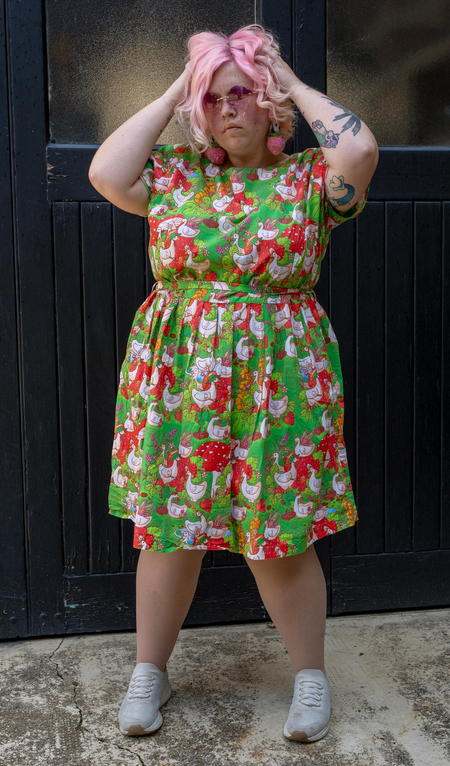 Run & Fly x The Mushroom Babes In The Geese Garden Stretch Belted Tea Dress with Pockets