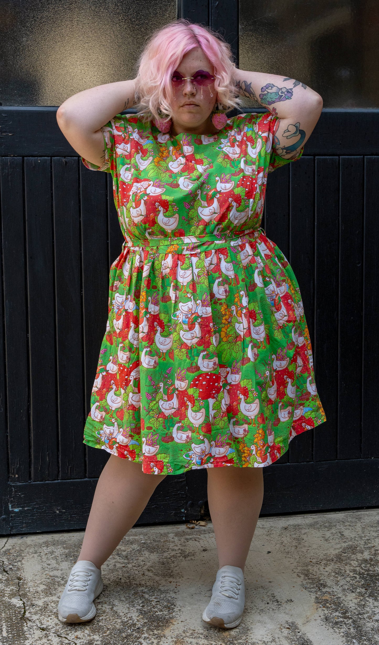 Run & Fly x The Mushroom Babes In The Geese Garden Stretch Belted Tea Dress with Pockets
