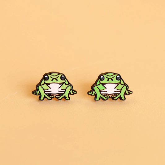 Robin Valley - Frog Cherry Wood Stud Earrings