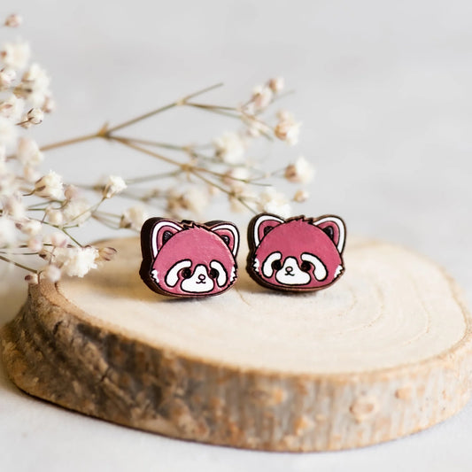 Robin Valley - Red Panda Cherry Wood Stud Earrings