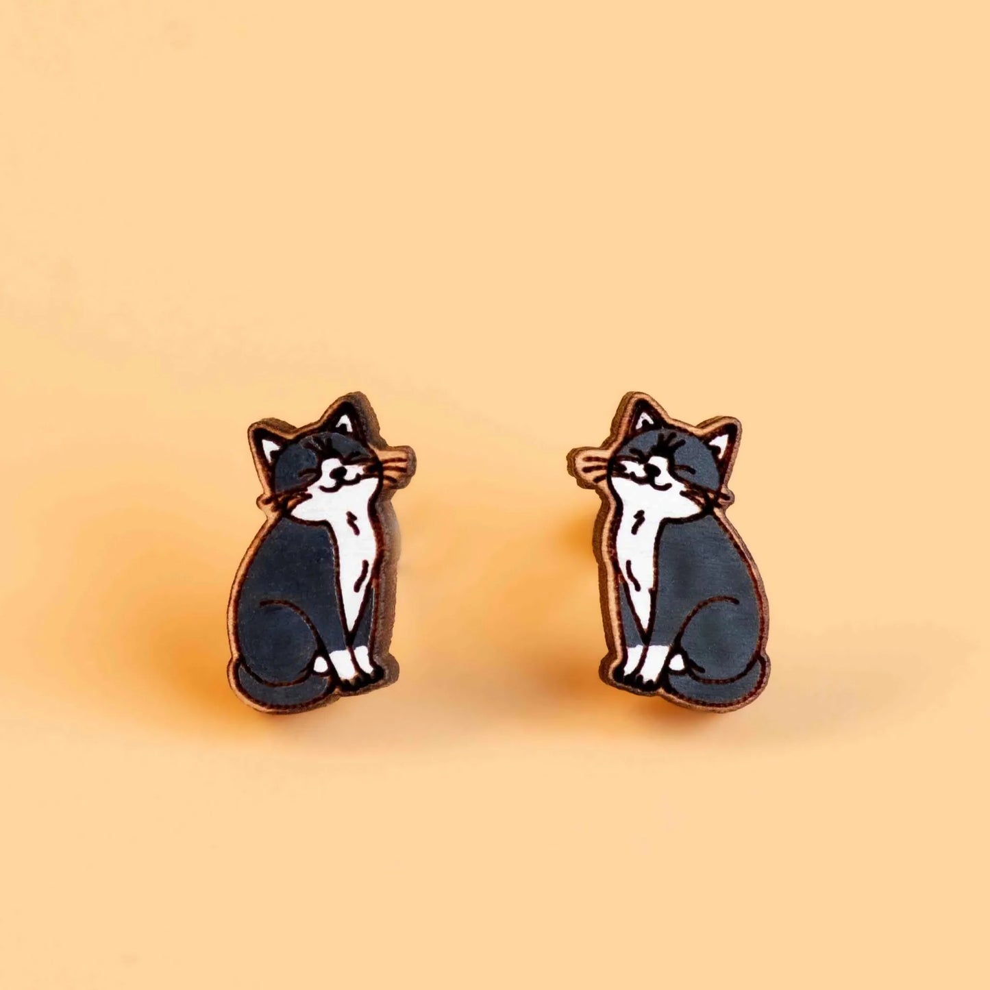 Robin Valley - Black Milk Cat Cherry Wood Stud Earrings