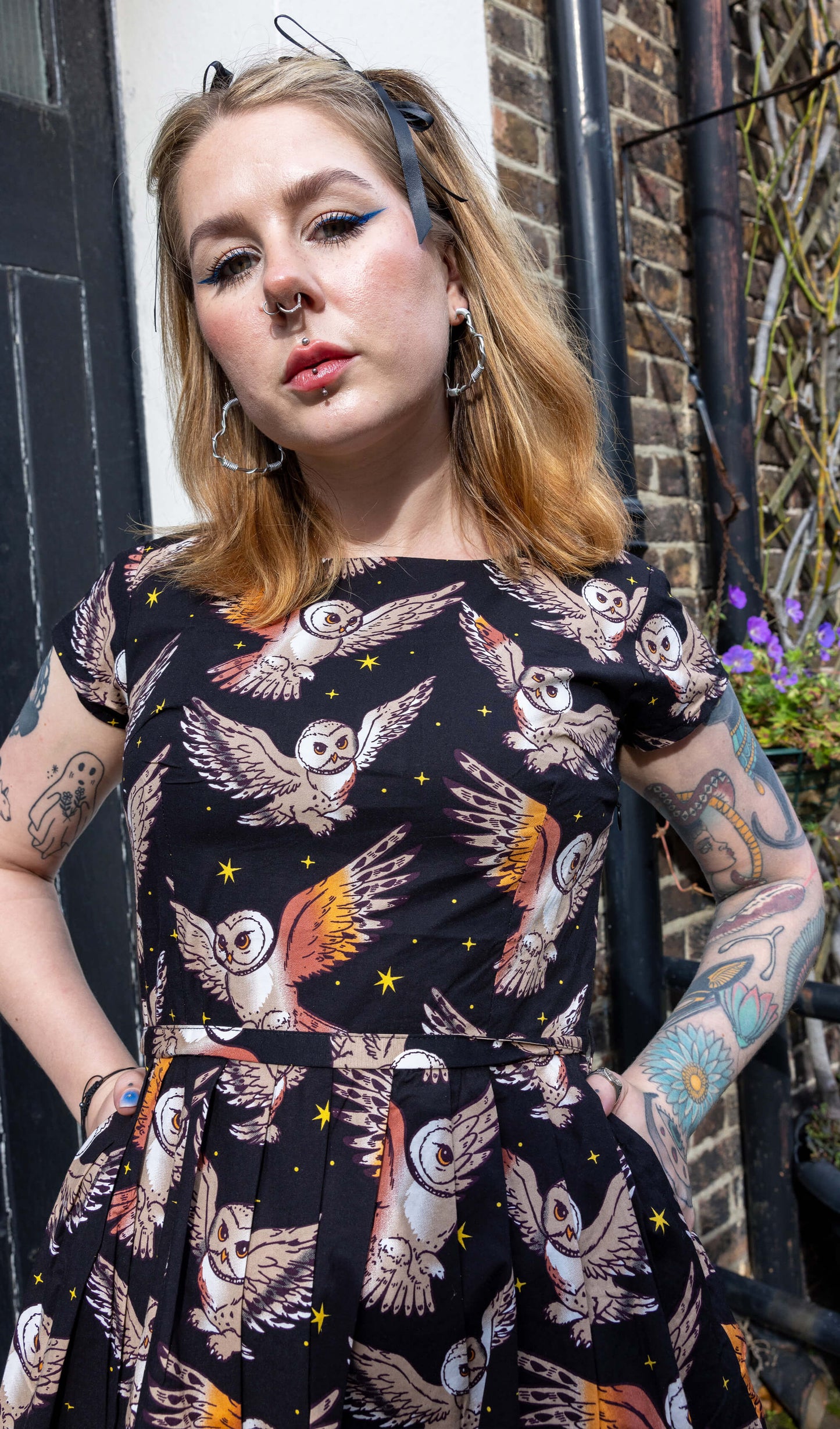Run & Fly - What A Hoot Owl Stretch Belted Tea Dress with Pockets