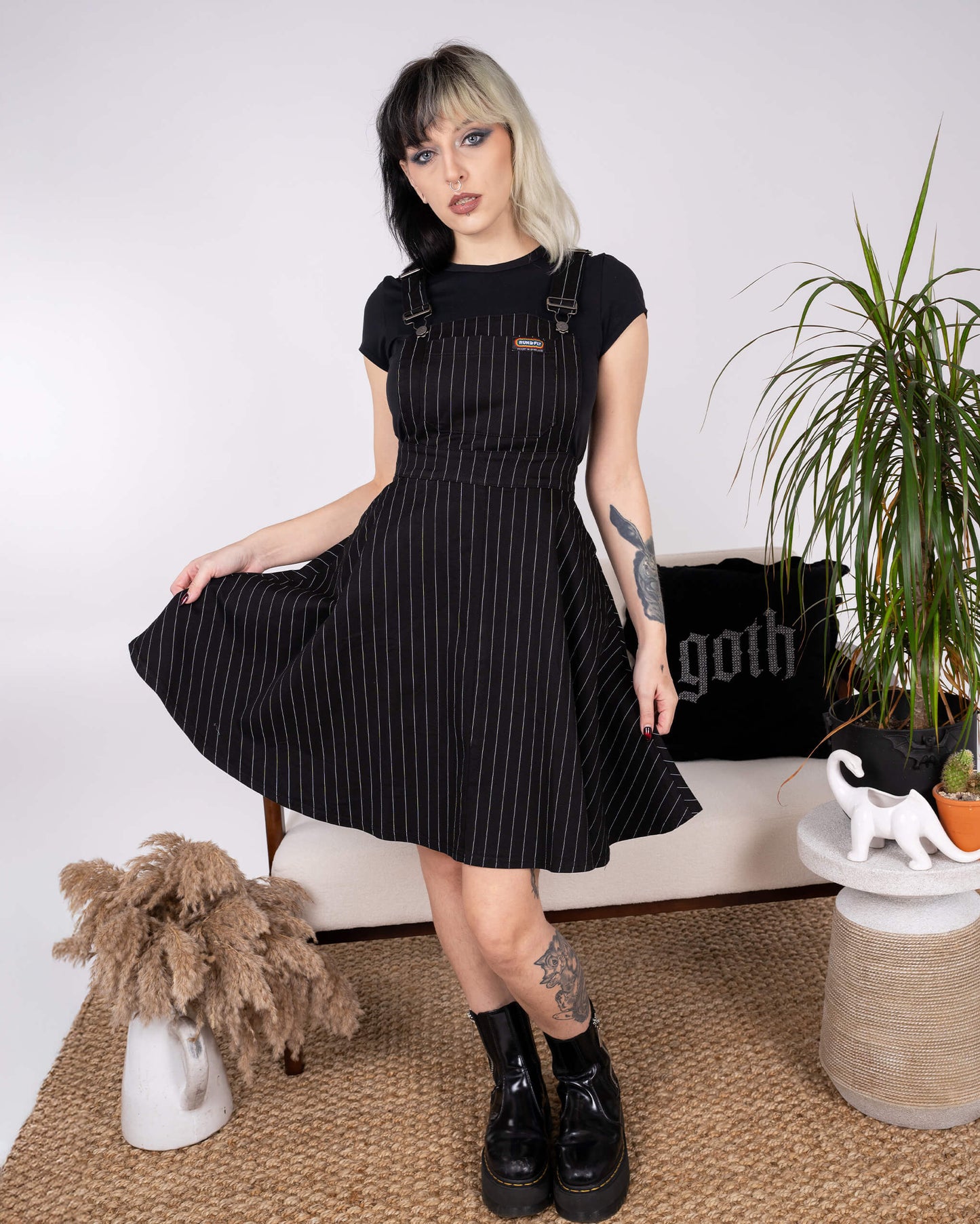 Run & Fly - Black & White Pinstripe Flared Pinafore Dress