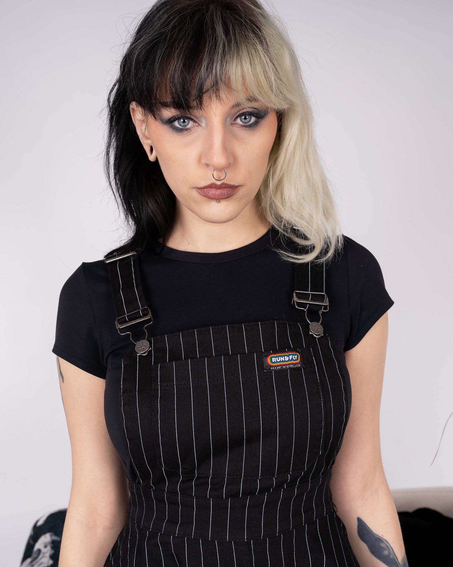 Run & Fly - Black & White Pinstripe Flared Pinafore Dress