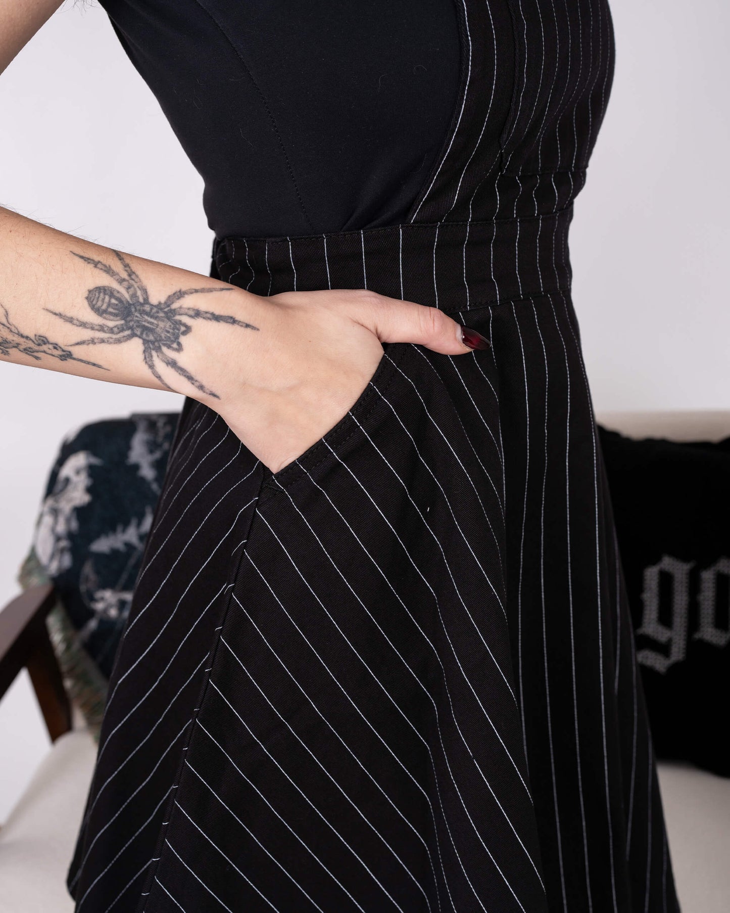 Run & Fly - Black & White Pinstripe Flared Pinafore Dress