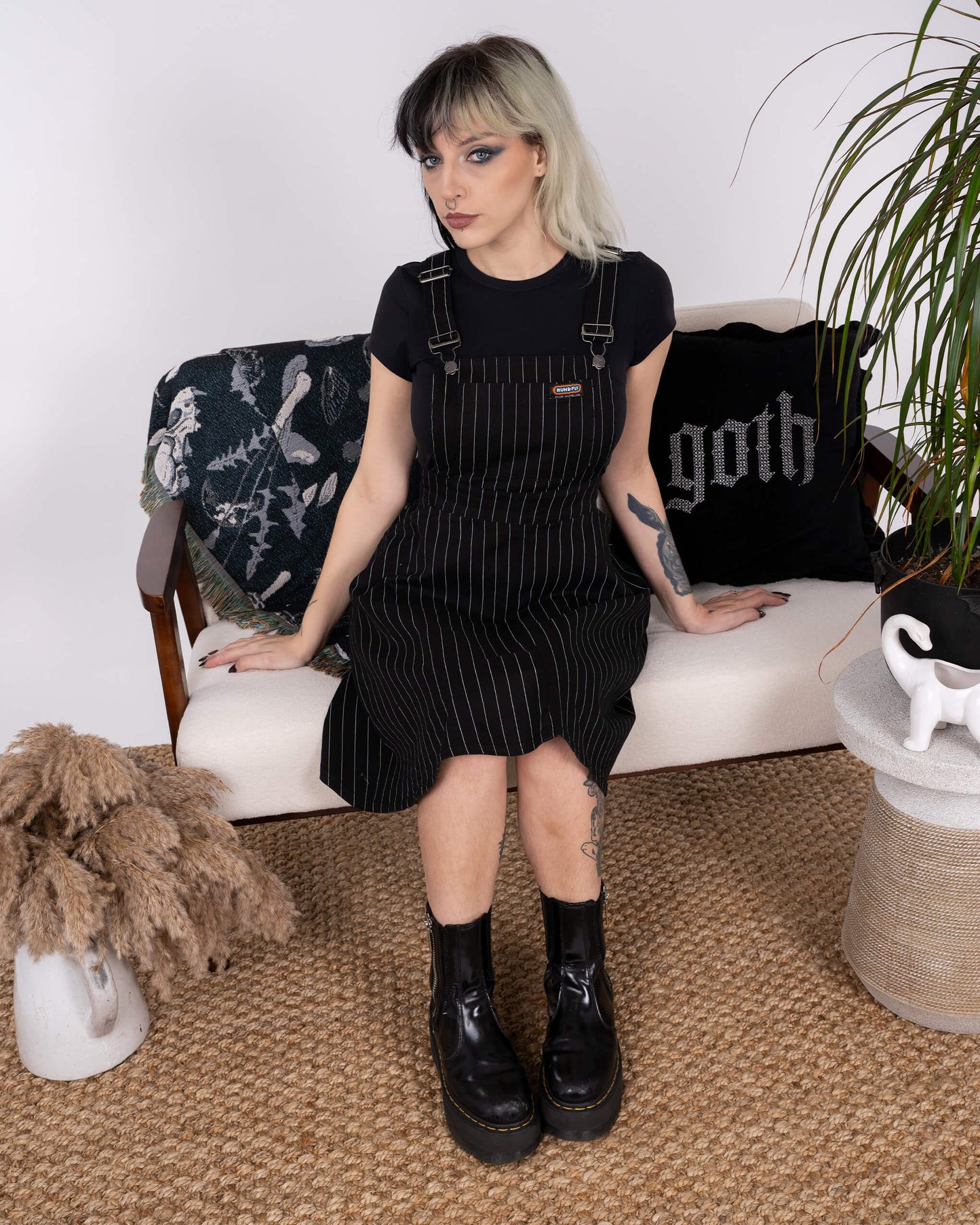 Run & Fly - Black & White Pinstripe Flared Pinafore Dress