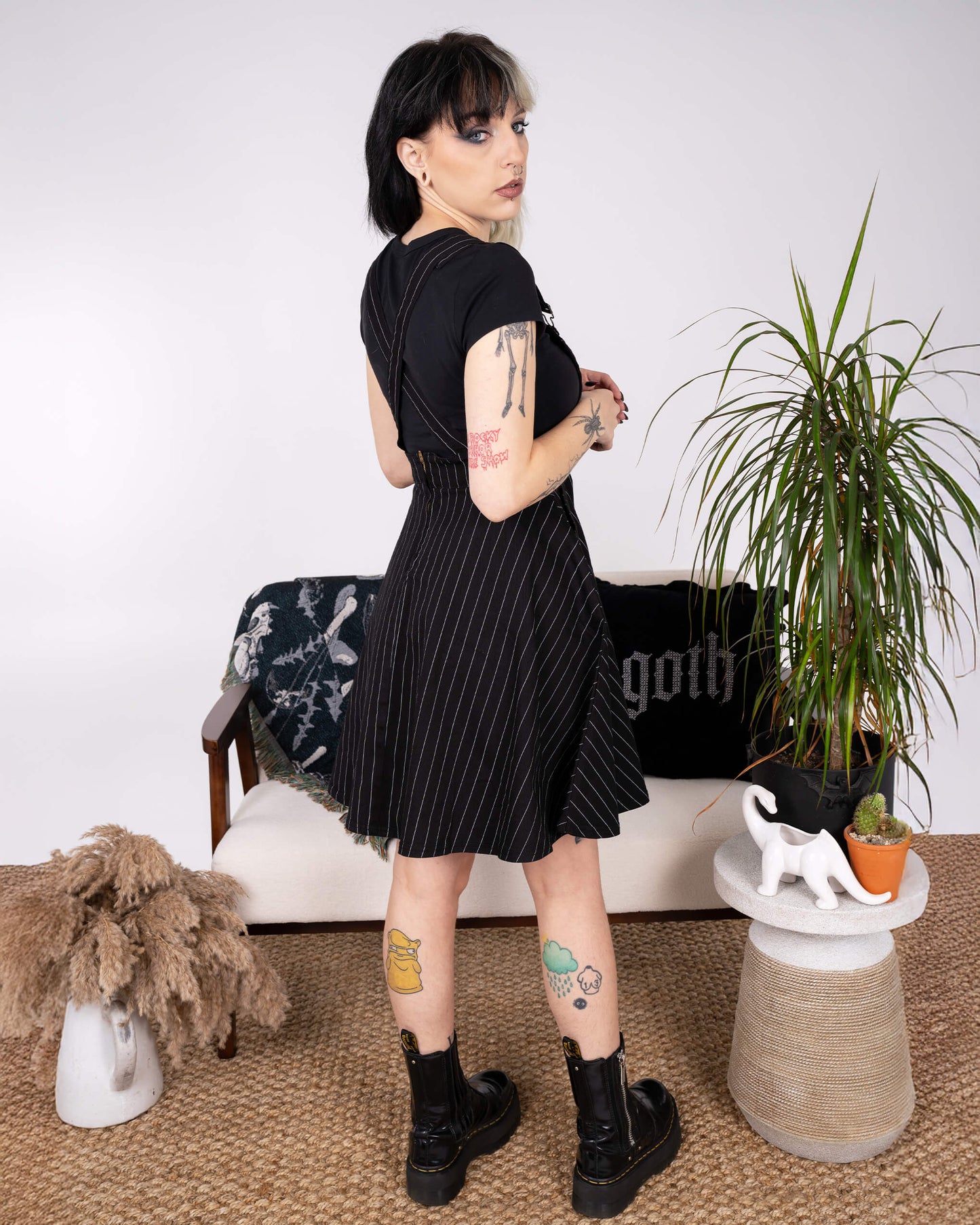 Run & Fly - Black & White Pinstripe Flared Pinafore Dress