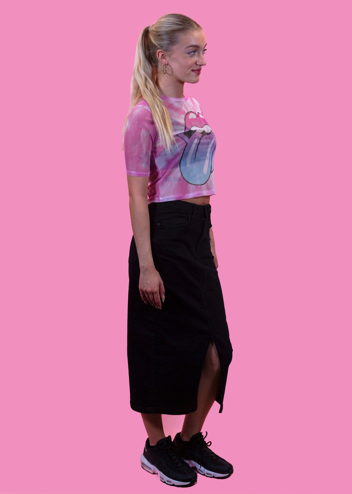 Noisy May - Black Washed Denim Midi Skirt with Front Slit