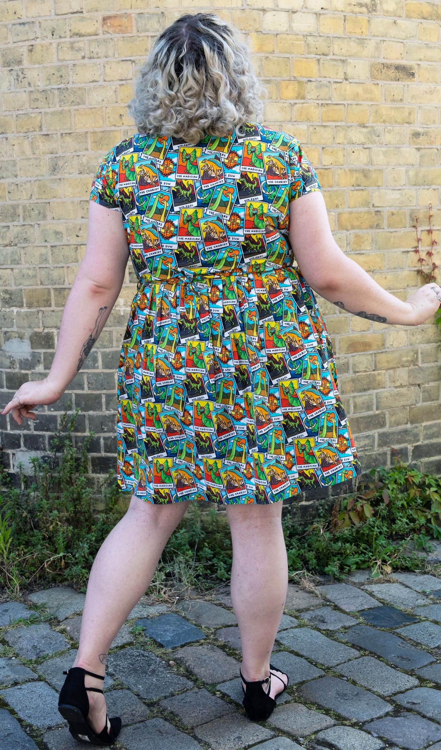 Run & Fly - Tarot Dinosaurs Stretch Belted Tea Dress with Pockets