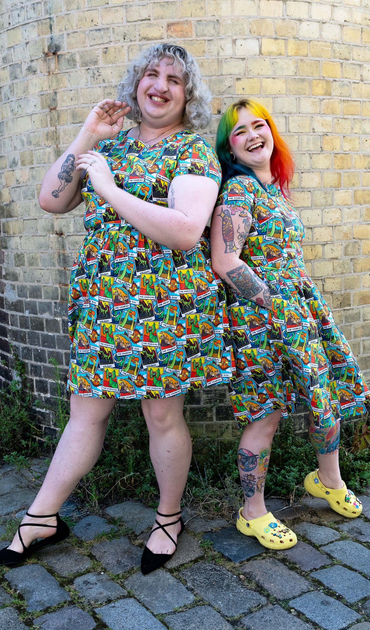 Run & Fly - Tarot Dinosaurs Stretch Belted Tea Dress with Pockets