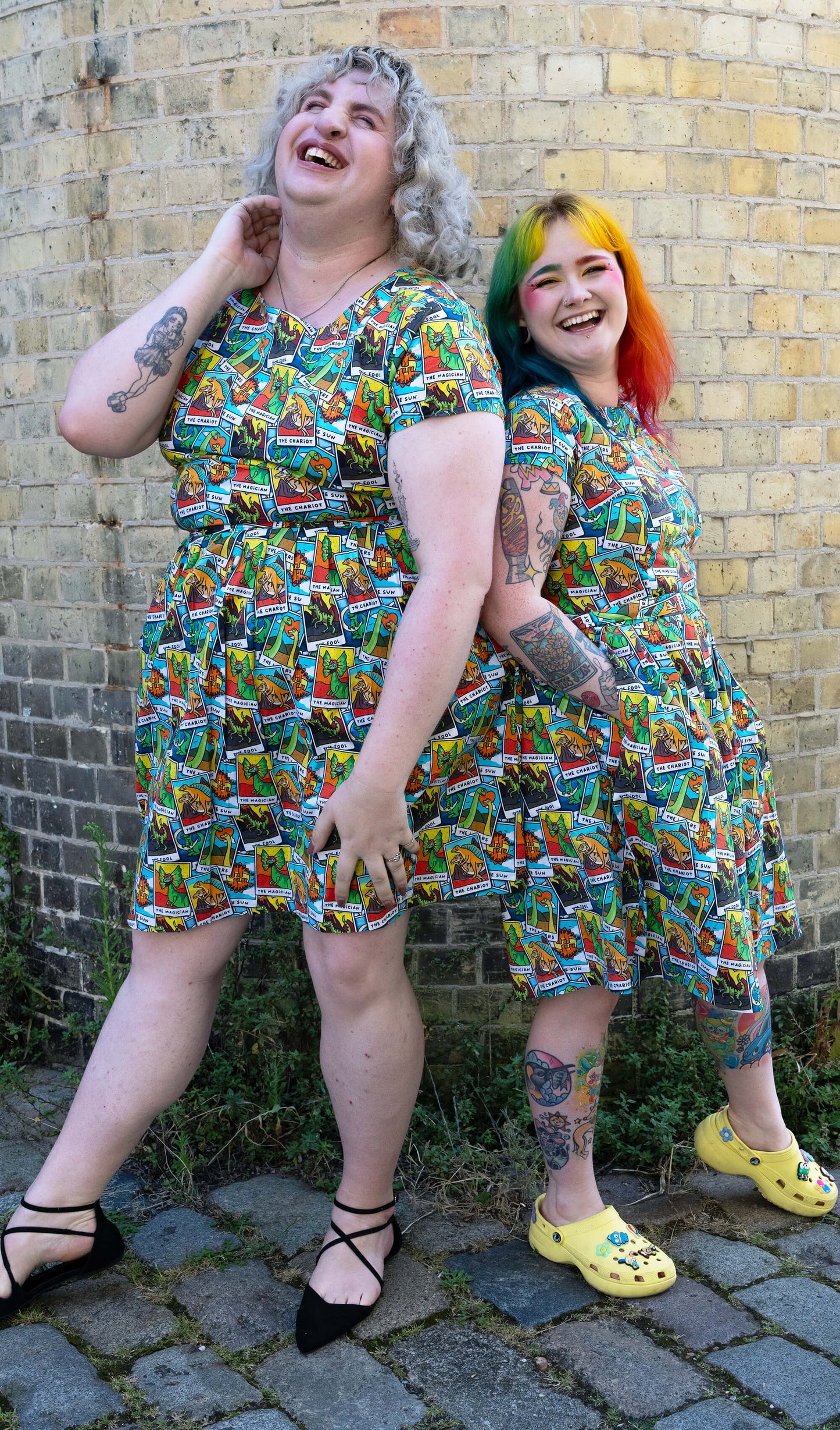 Run & Fly - Tarot Dinosaurs Stretch Belted Tea Dress with Pockets