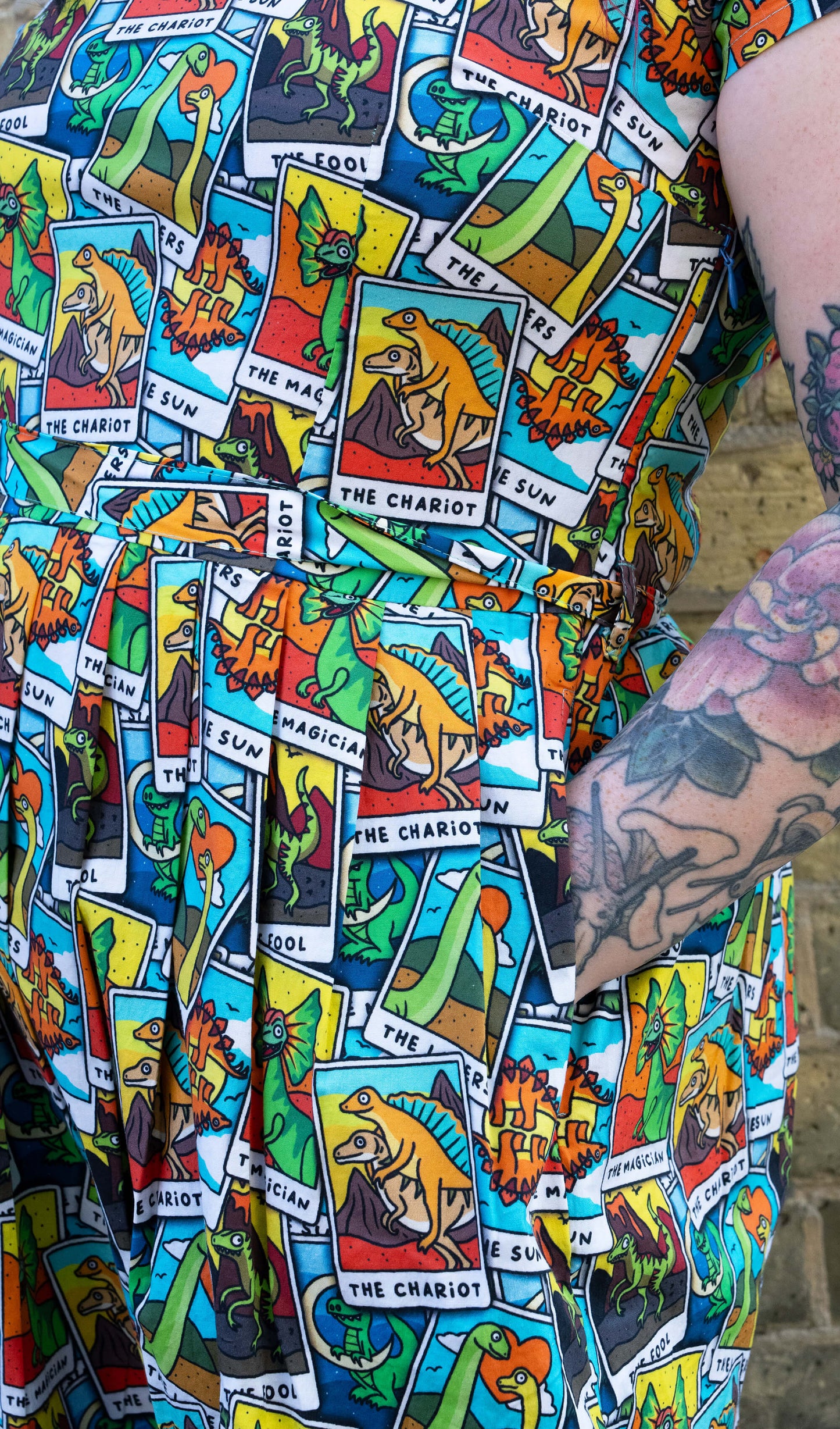 Run & Fly - Tarot Dinosaurs Stretch Belted Tea Dress with Pockets