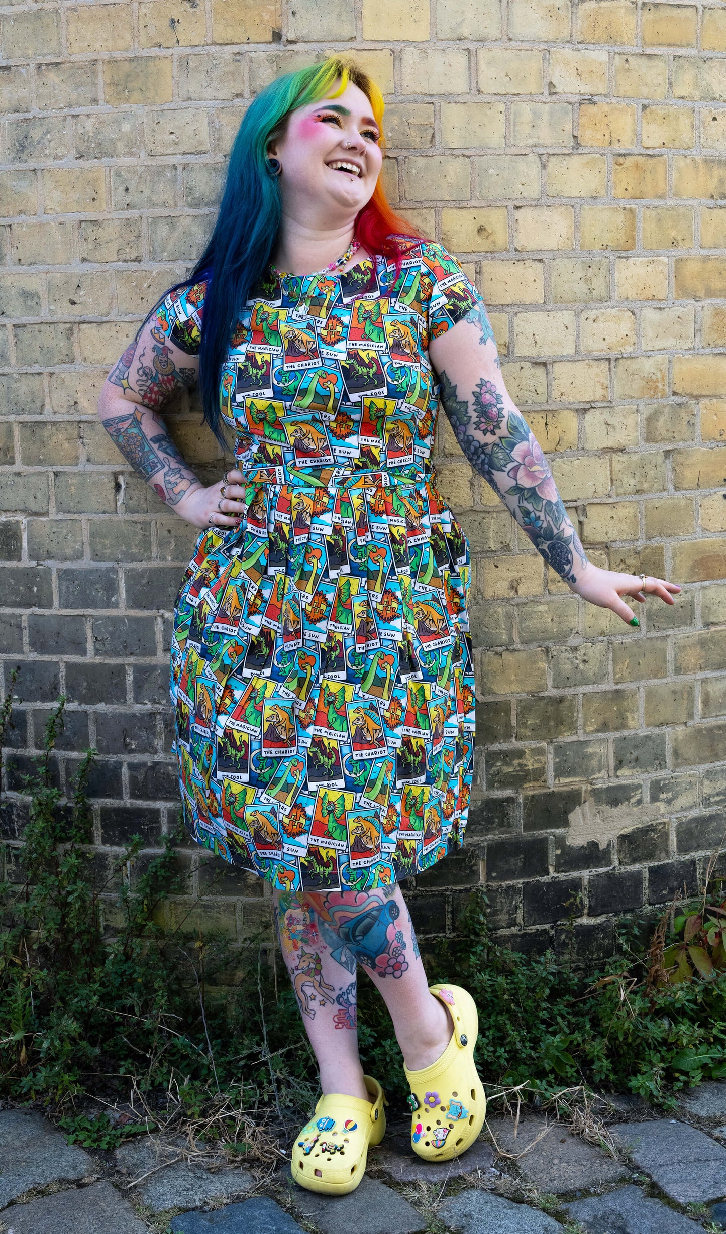 Run & Fly - Tarot Dinosaurs Stretch Belted Tea Dress with Pockets