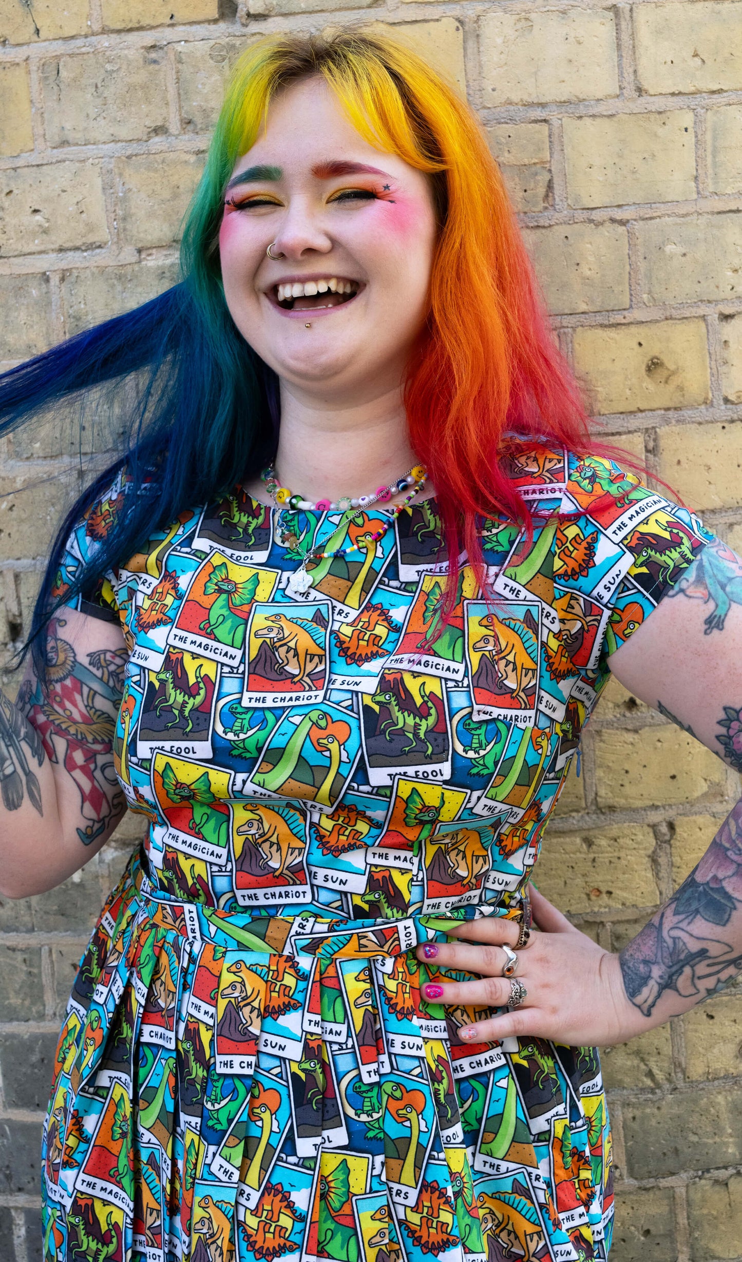 Run & Fly - Tarot Dinosaurs Stretch Belted Tea Dress with Pockets