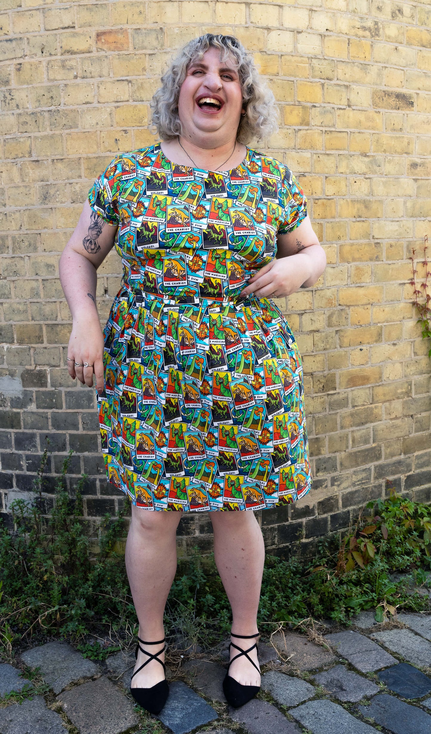 Run & Fly - Tarot Dinosaurs Stretch Belted Tea Dress with Pockets