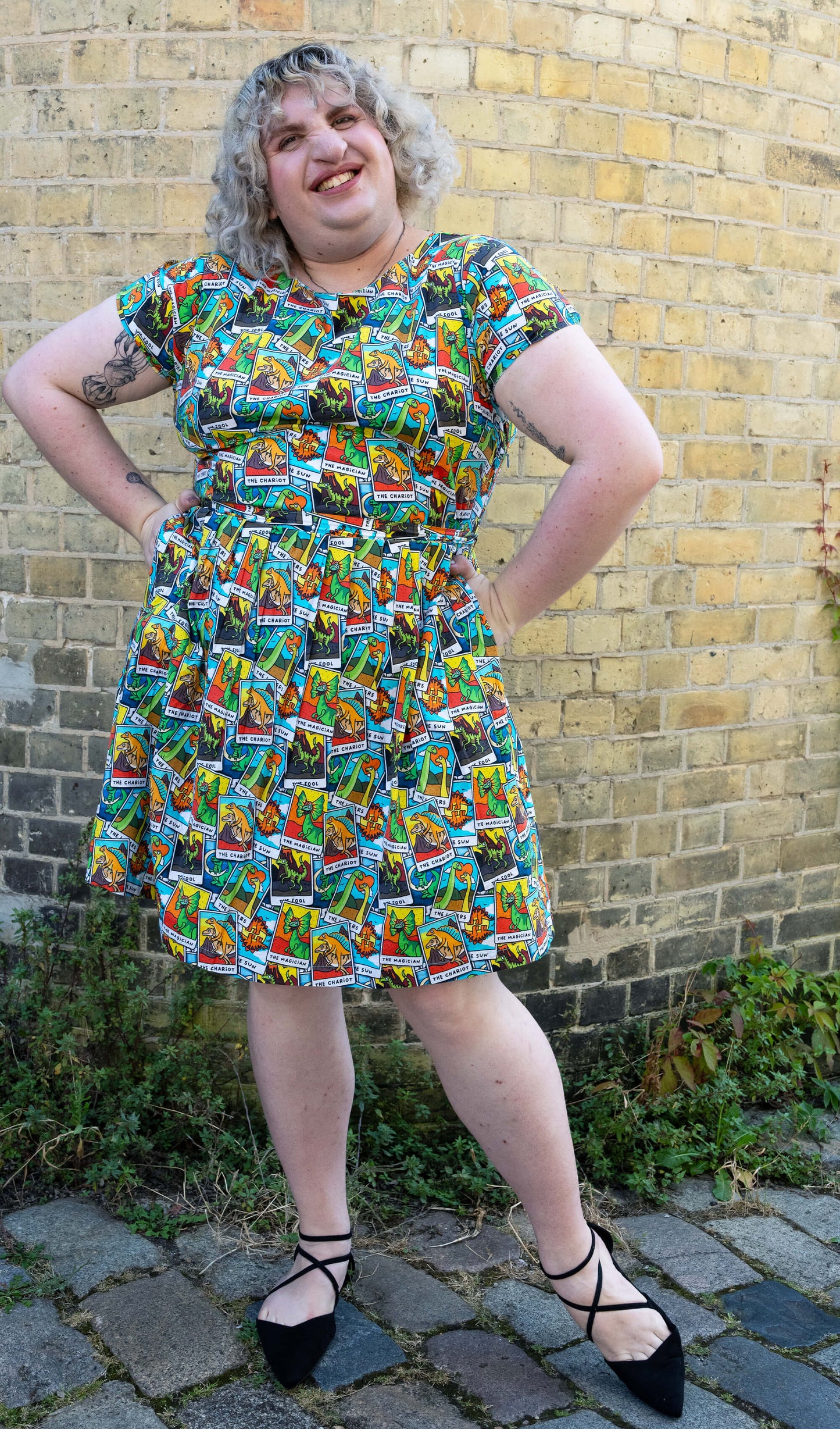 Run & Fly - Tarot Dinosaurs Stretch Belted Tea Dress with Pockets