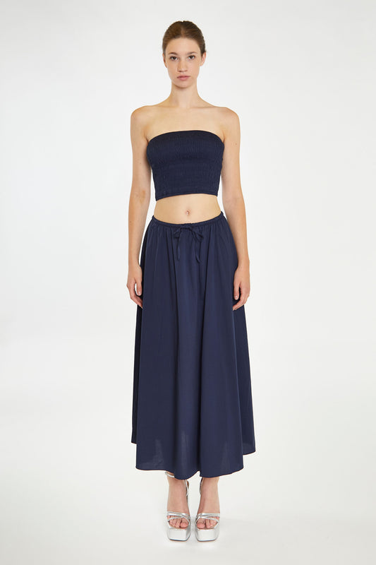 Glamorous - Navy Blue Drawstring Waist Midi Skirt