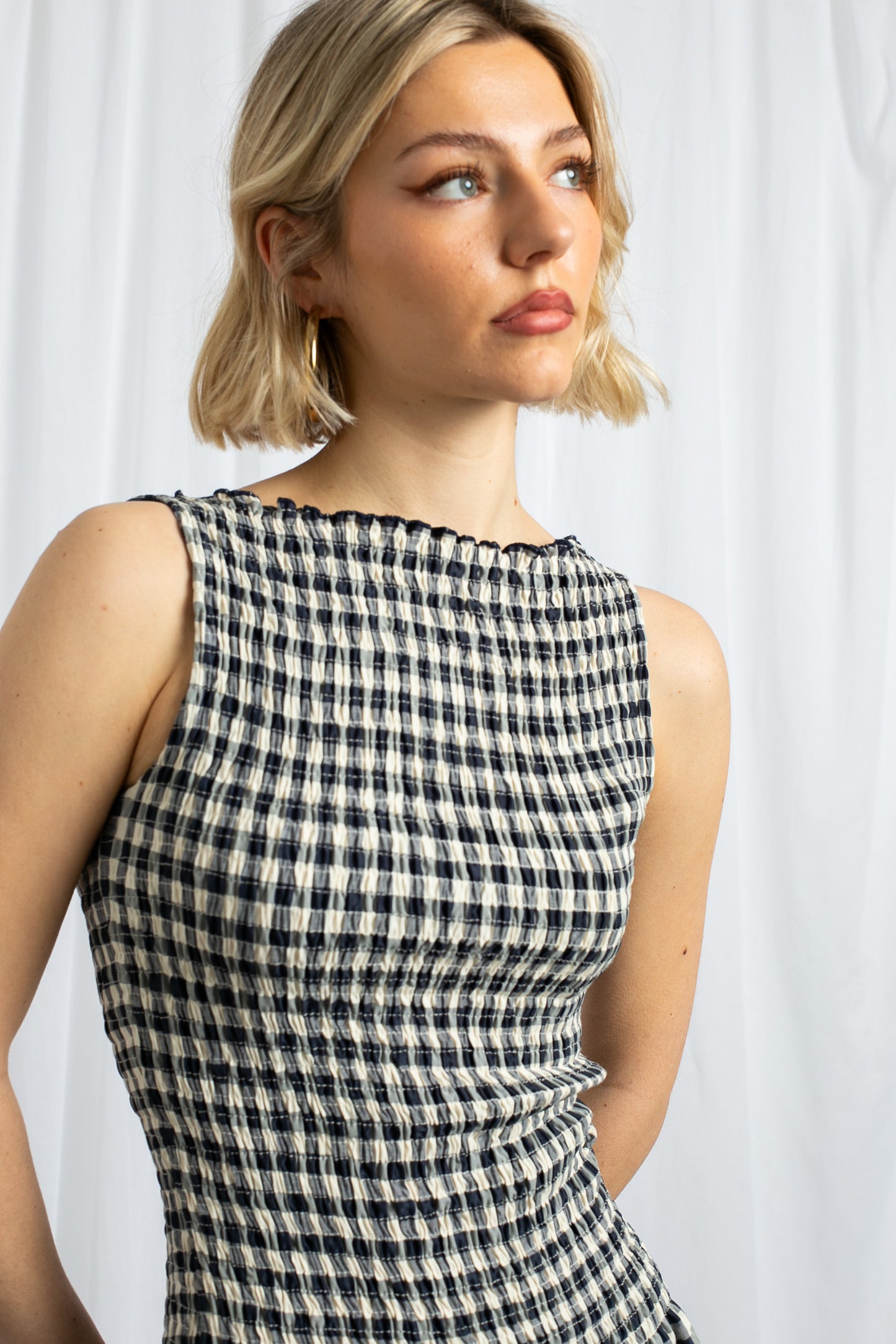 Daisy Street - Navy Gingham Shirred Mini Dress