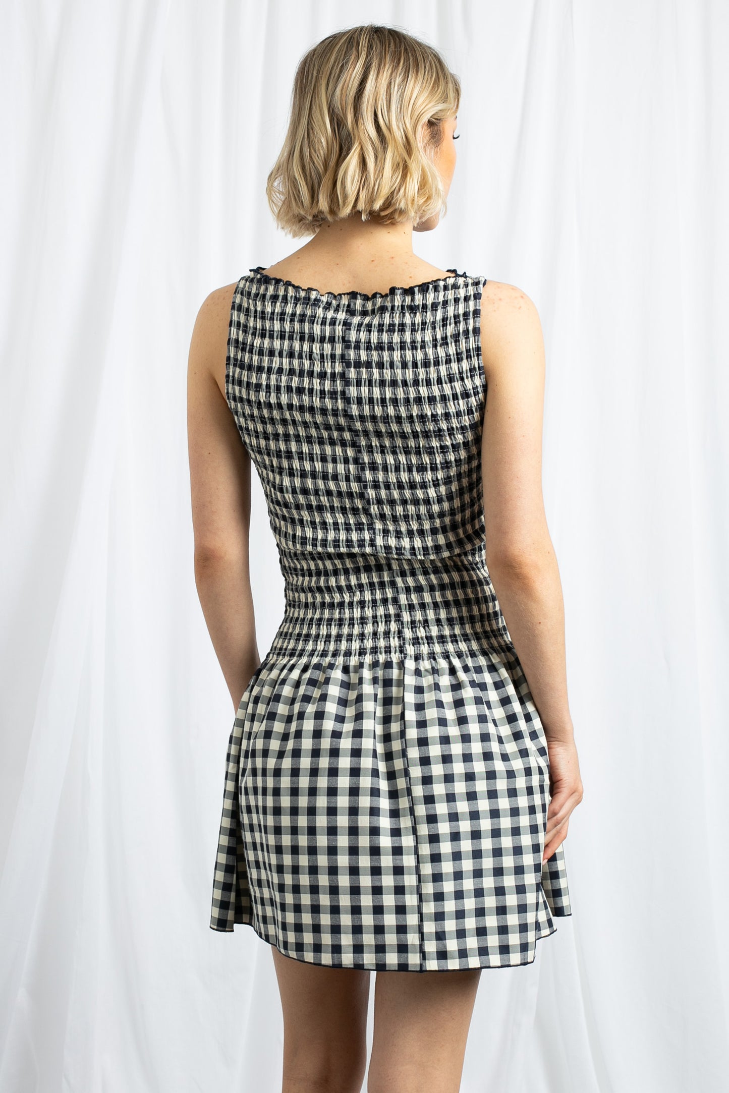 Daisy Street - Navy Gingham Shirred Mini Dress