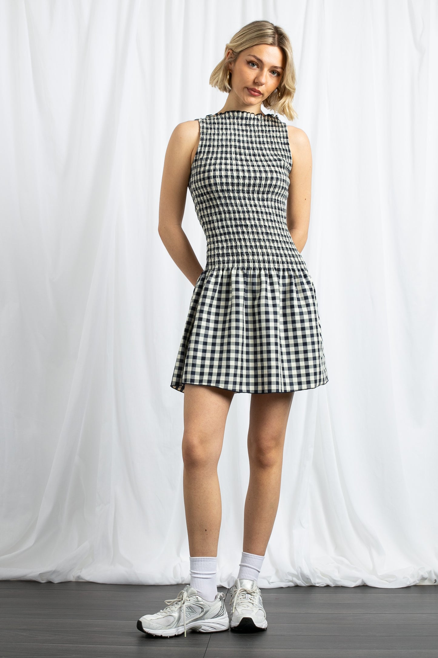 Daisy Street - Navy Gingham Shirred Mini Dress