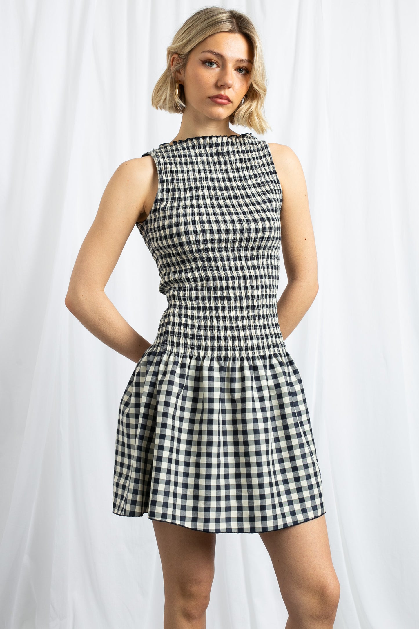 Daisy Street - Navy Gingham Shirred Mini Dress