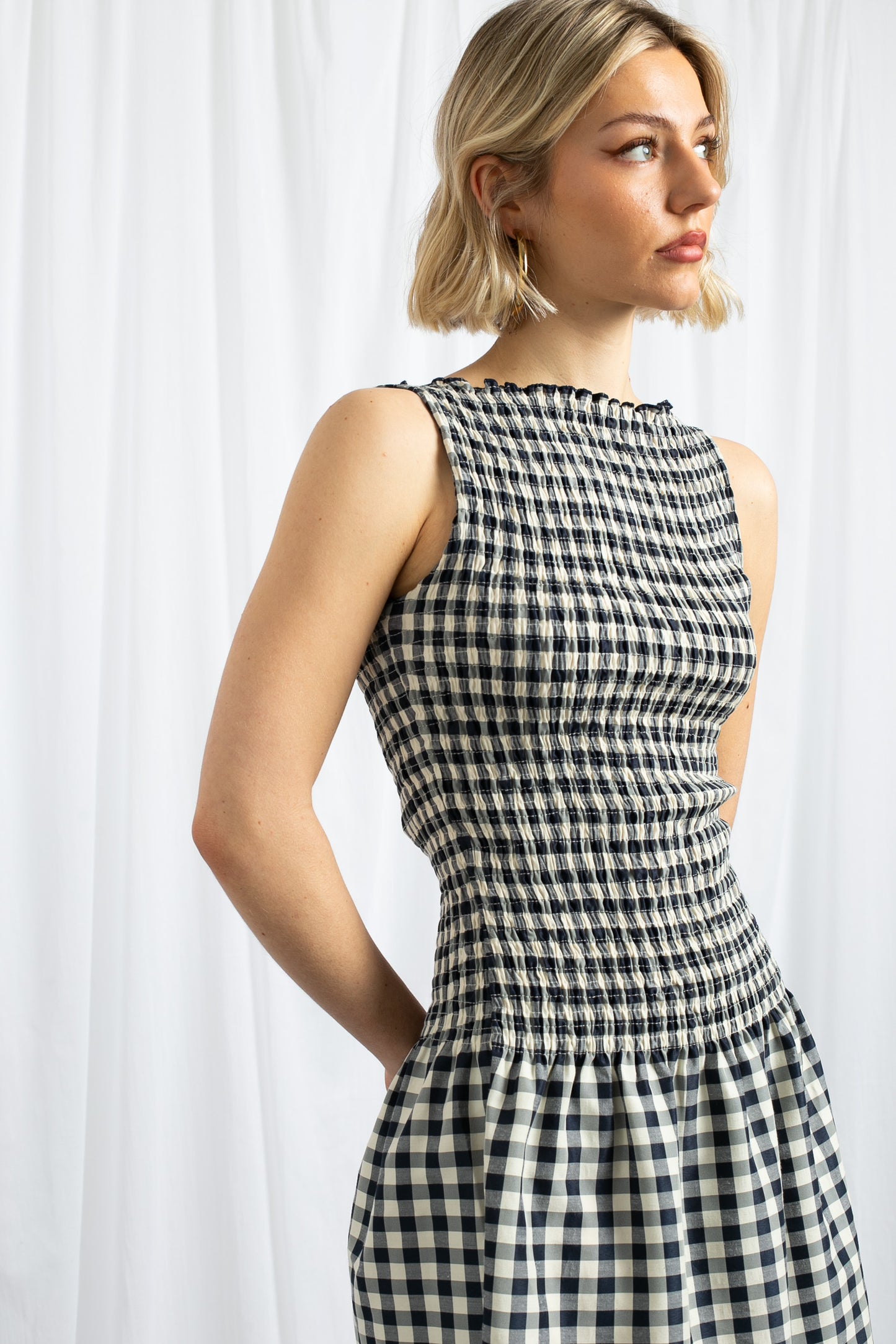 Daisy Street - Navy Gingham Shirred Mini Dress