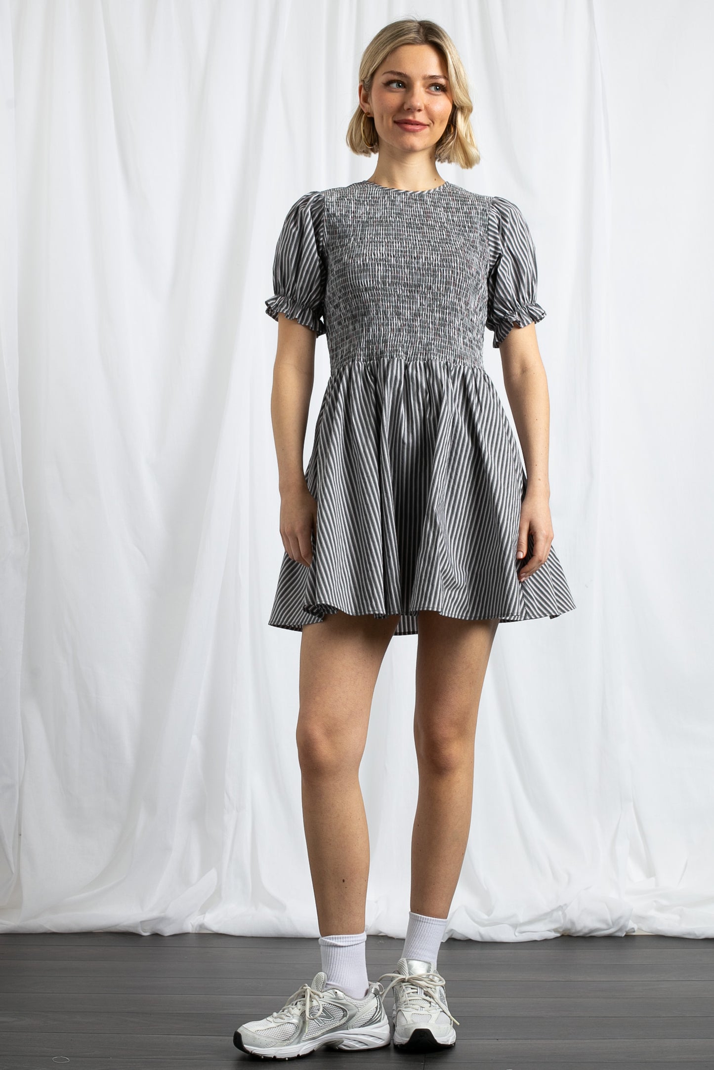Daisy Street - Grey & Red Striped Puff Sleeve Mini Dress