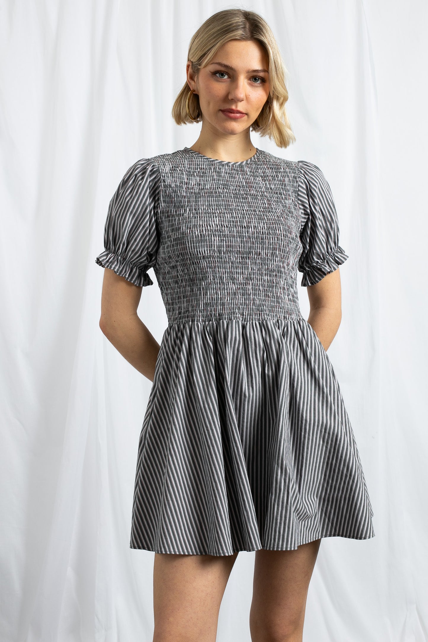 Daisy Street - Grey & Red Striped Puff Sleeve Mini Dress