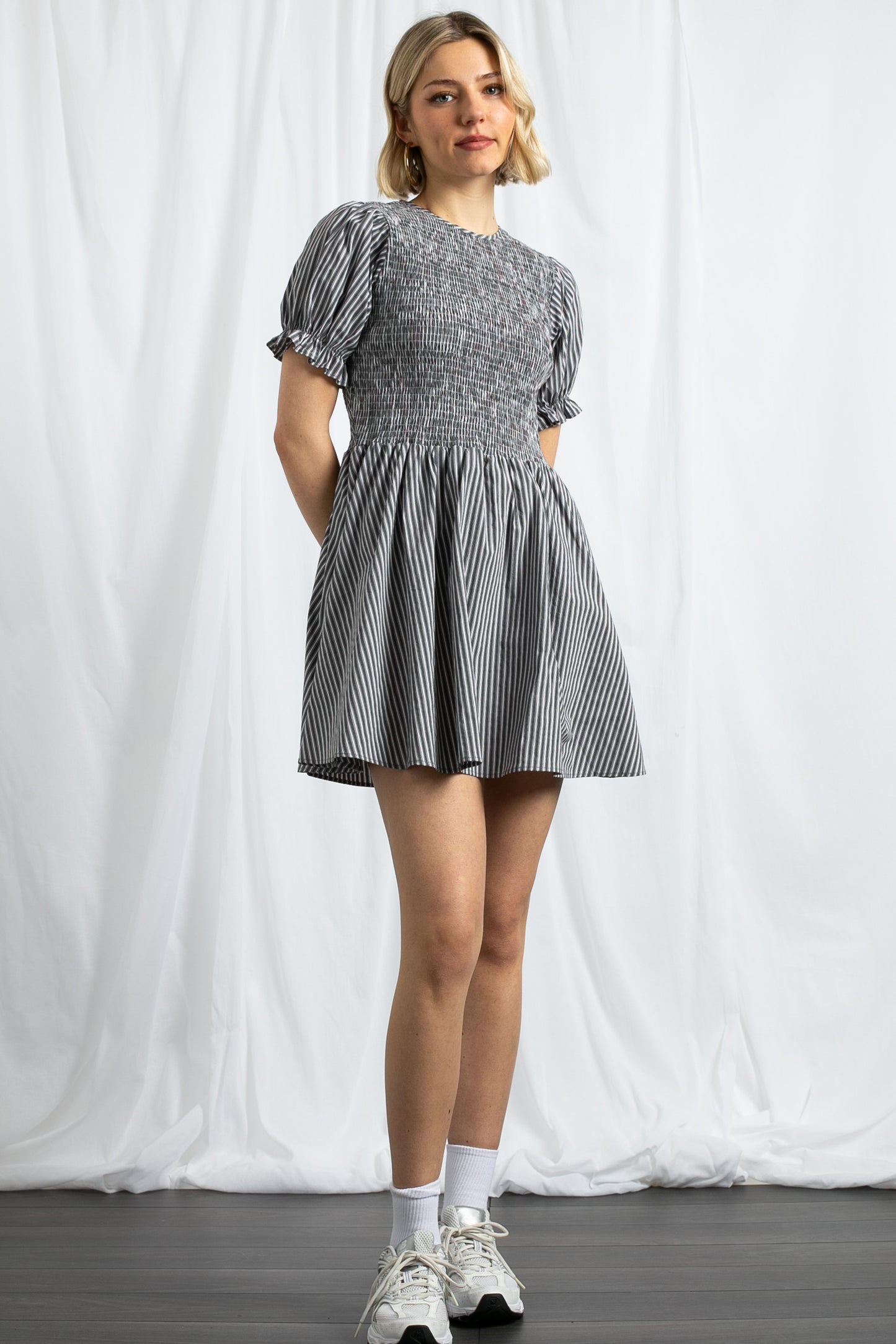 Daisy Street - Grey & Red Striped Puff Sleeve Mini Dress
