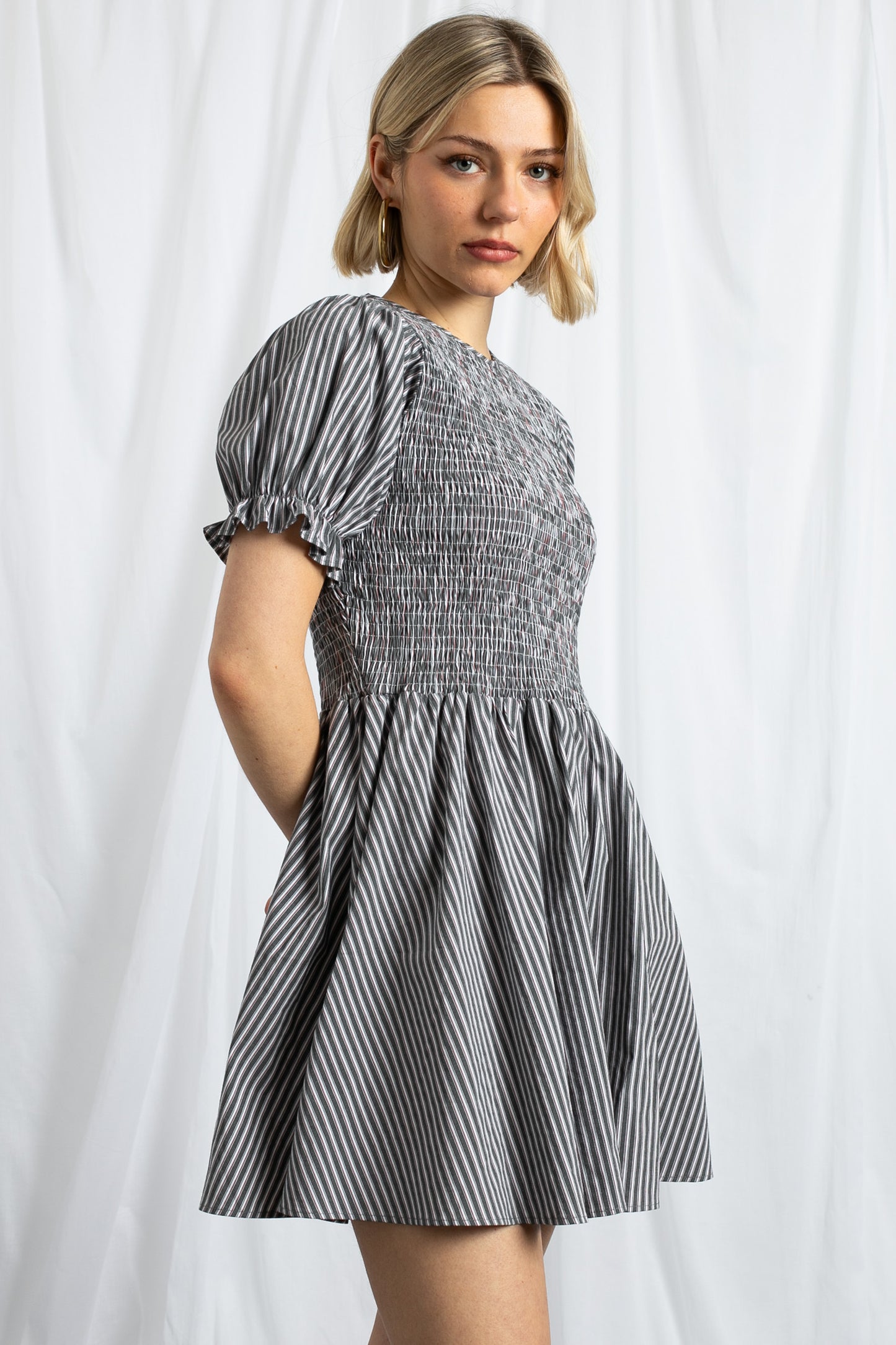 Daisy Street - Grey & Red Striped Puff Sleeve Mini Dress
