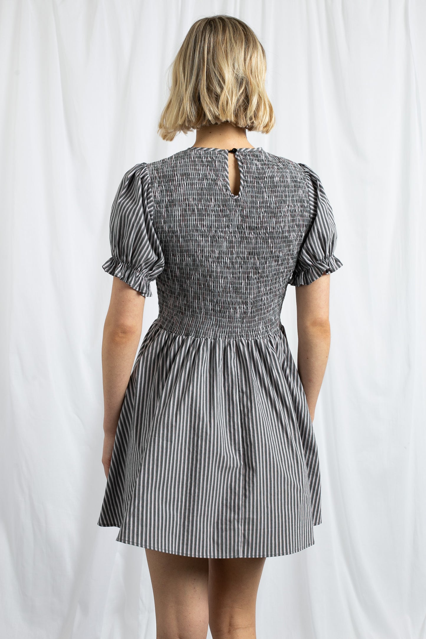 Daisy Street - Grey & Red Striped Puff Sleeve Mini Dress